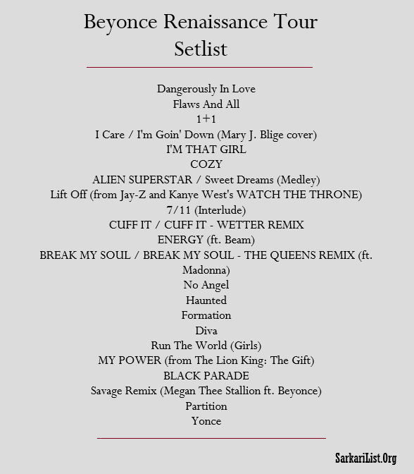 RENAISSANCE World Tour setlist