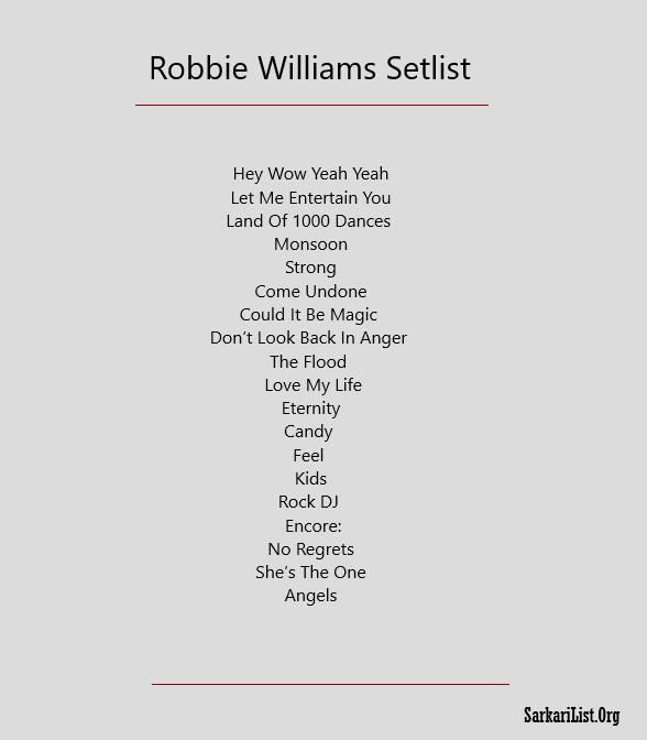 Robbie Williams Setlist 