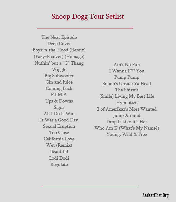 Snoop Dogg Tour Setlist