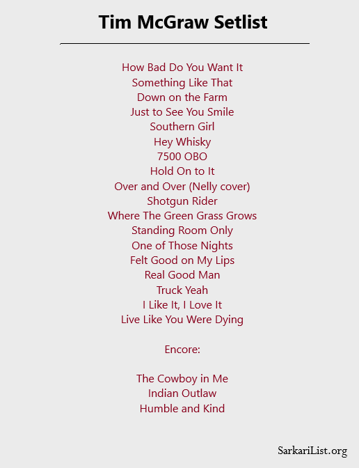 Tim McGraw Setlist